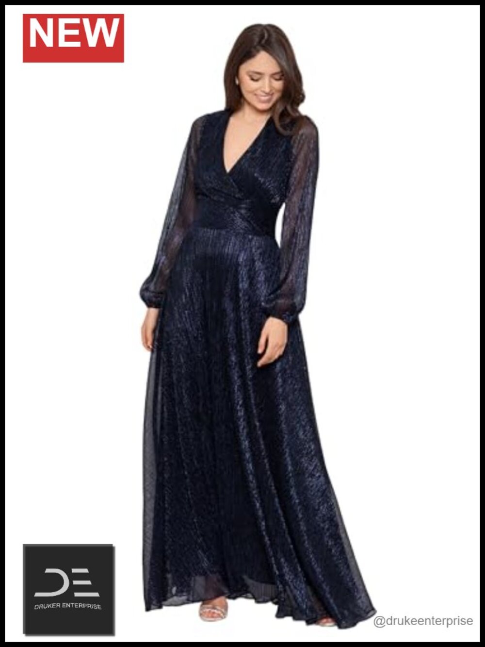 Metallic Knit Long Sleeve V-Neck Wrap Gown Floor Length Formal Dress